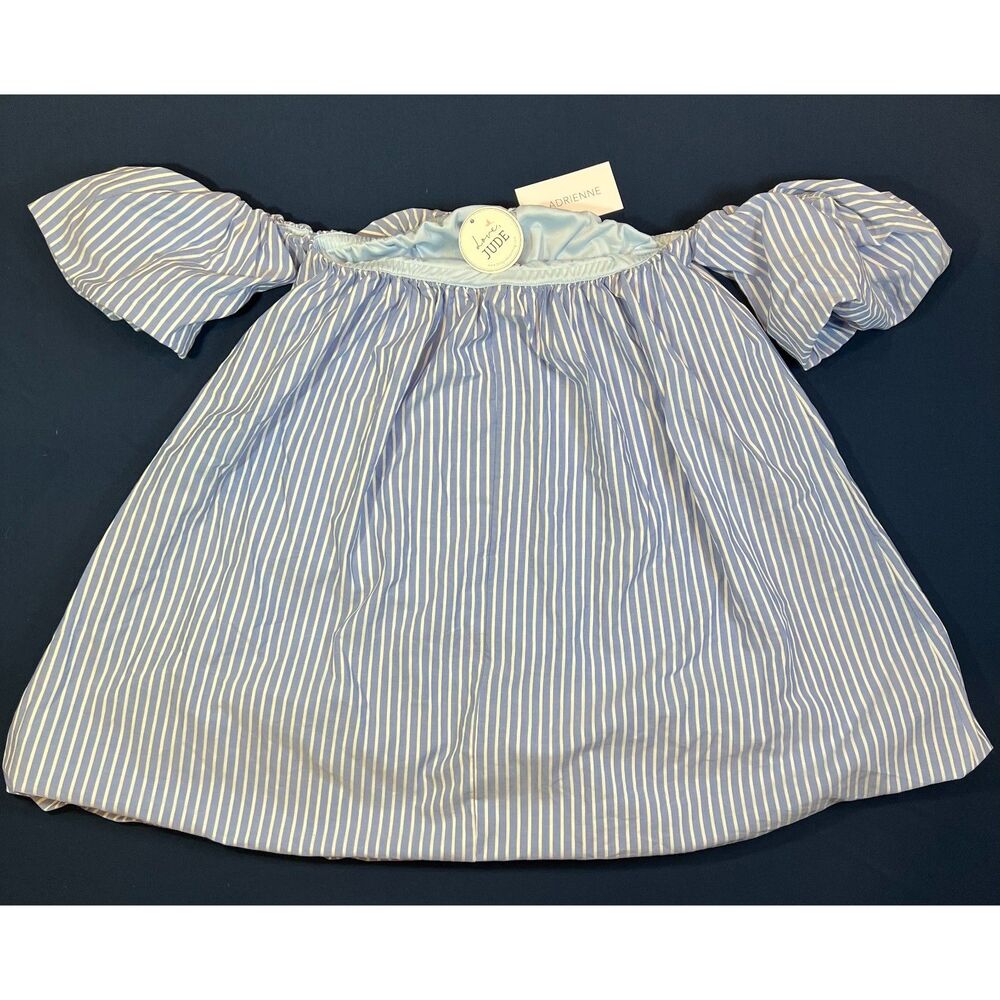 Adrienne Women’s Medium Blue White Stripe Off Shoulder Puff Sleeve Dress